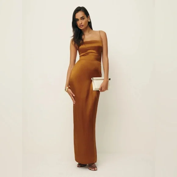 NEW Reformation Frankie Silk Long Dress in Copper Brown | size 4 - Picture 6 of 13